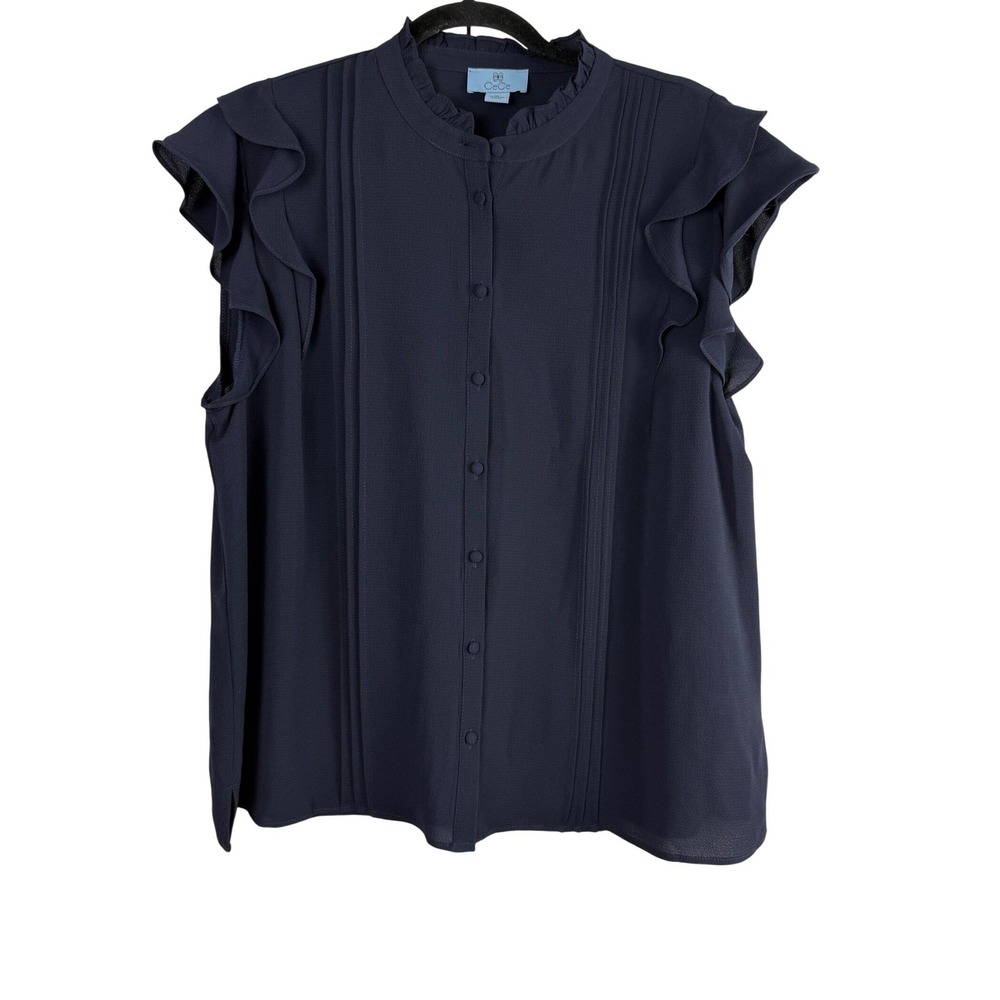 CeCe Navy Blue Ruffle Mock Neck Flutter Sleeve Pintuck Blouse XL Officecore